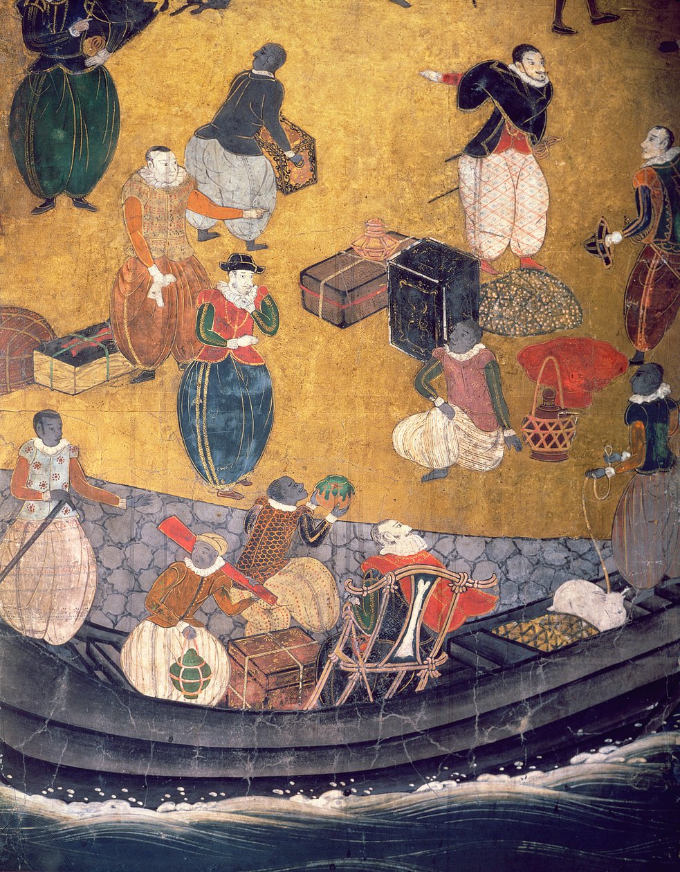 وصول البرتغاليين إلى اليابان ، تفاصيل تفريغ البضائع ، من شاشة Namban Byobu ، 1594-1618 بواسطة المدرسة اليابانية