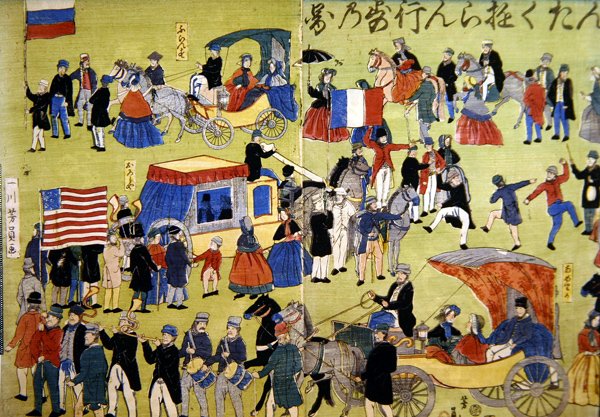 زائرون أمريكيون وهولنديون وفرنسيون يصلون إلى يوكوهاما في اليابان حوالي عام 1860 (نقش خشبي ملون) بواسطة المدرسة اليابانية
