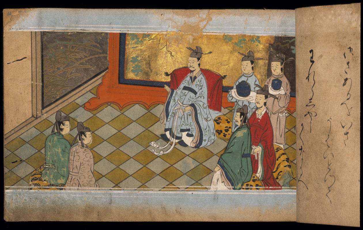 الإمبراطور الصيني ورجال الحاشية ، رسم توضيحي من "تايشوكان" (حبر ولون على ورق) بواسطة المدرسة اليابانية