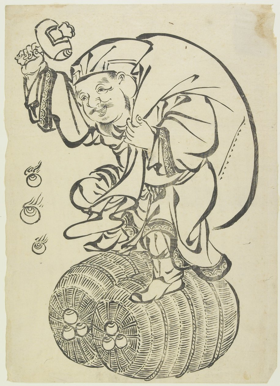 Daikoku God Dancing on Rice Bales ، من منتصف إلى أواخر القرن الثامن عشر (طبعة خشبية) بواسطة المدرسة اليابانية