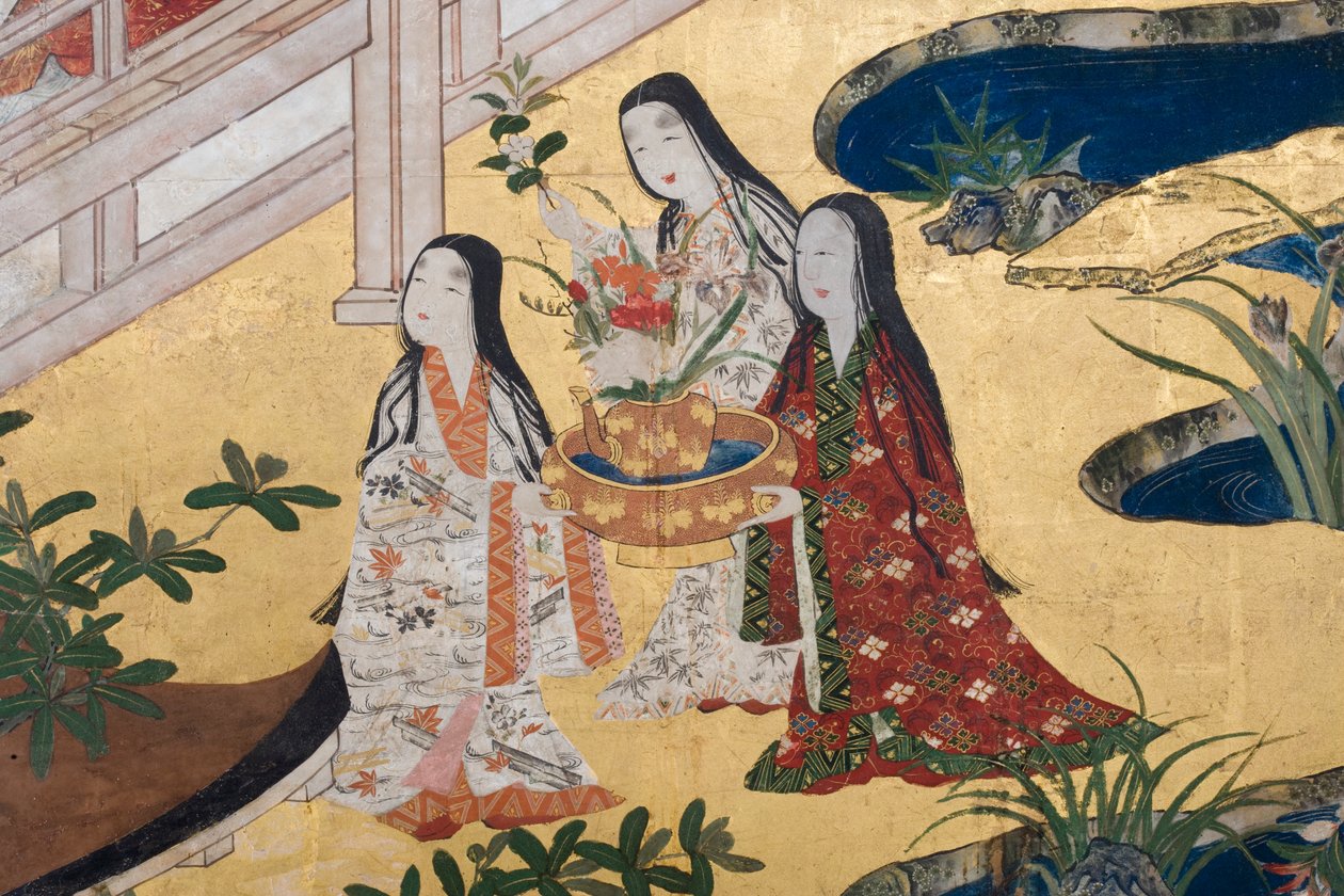 تفاصيل الربيع في القصر ، شاشة سداسية من حكاية جينجي ، c.1650 (حبر ، ألوان وذهب على ورق) بواسطة المدرسة اليابانية