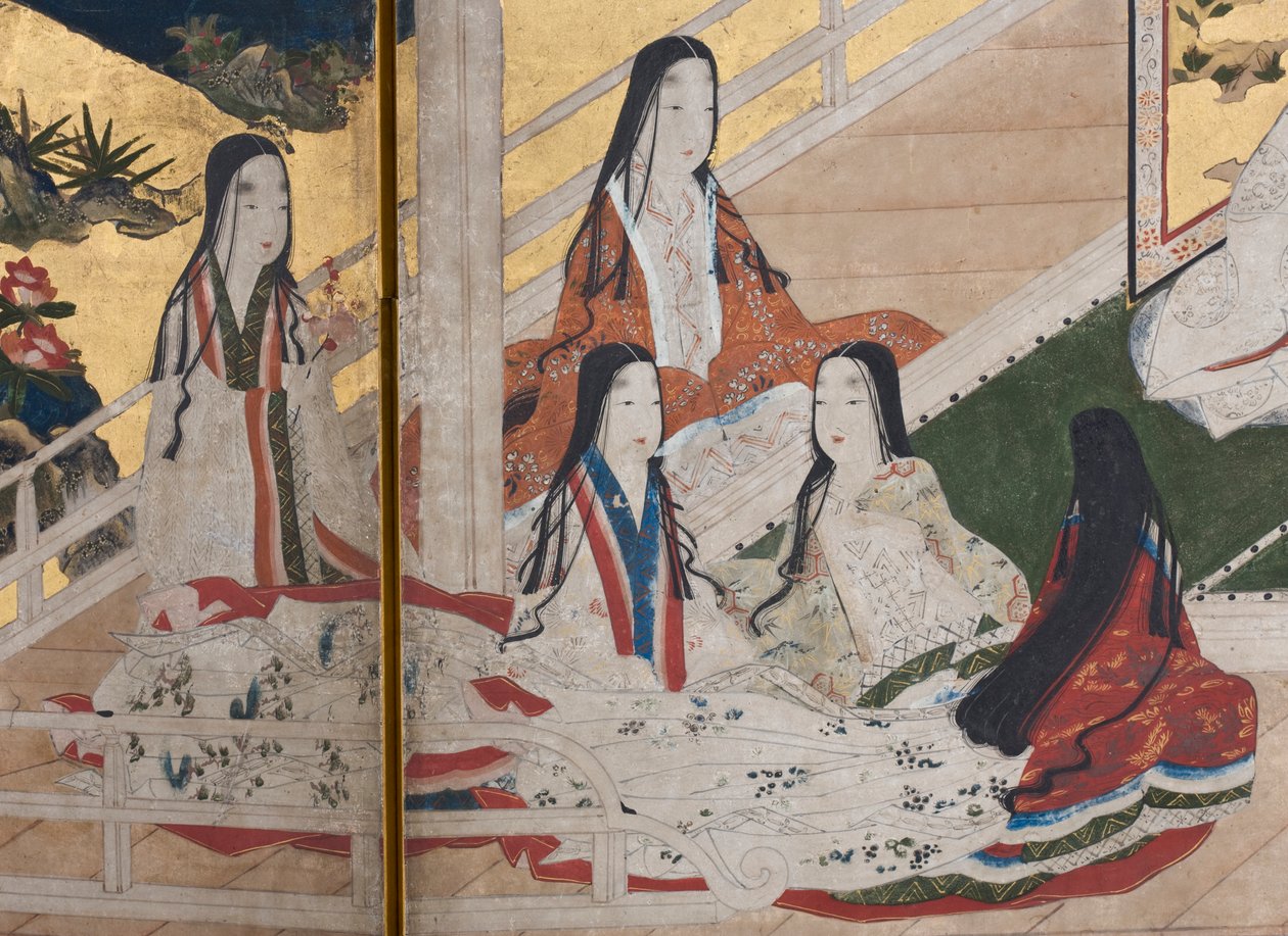 تفاصيل الربيع في القصر ، شاشة سداسية من حكاية جينجي ، c.1650 (حبر ، ألوان وذهب على ورق) بواسطة المدرسة اليابانية