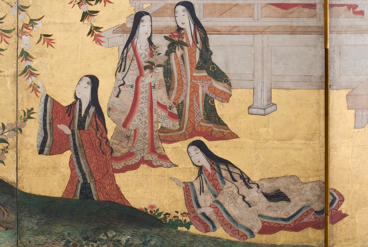 تفاصيل الربيع في القصر ، شاشة سداسية من حكاية جينجي ، c.1650 (حبر ، ألوان وذهب على ورق) بواسطة المدرسة اليابانية