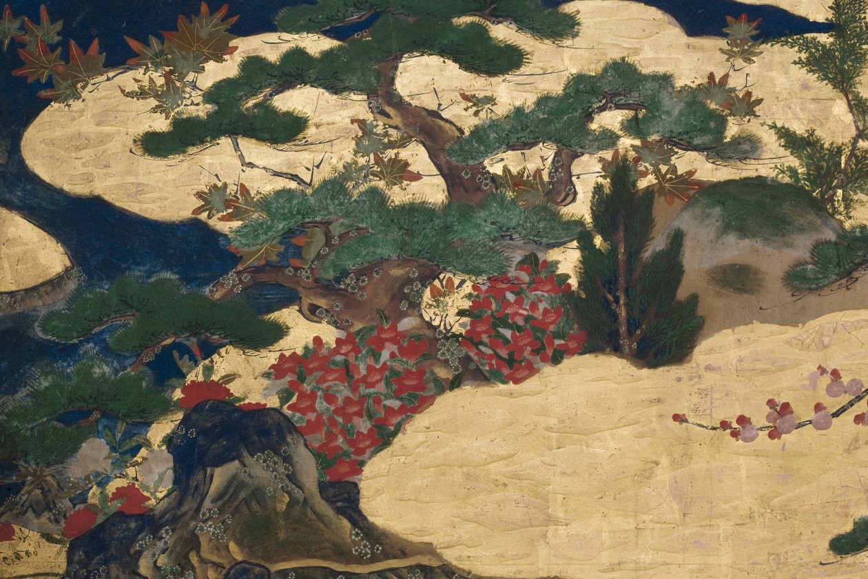 تفاصيل الربيع في القصر ، شاشة سداسية من حكاية جينجي ، c.1650 (حبر ، ألوان وذهب على ورق) بواسطة المدرسة اليابانية