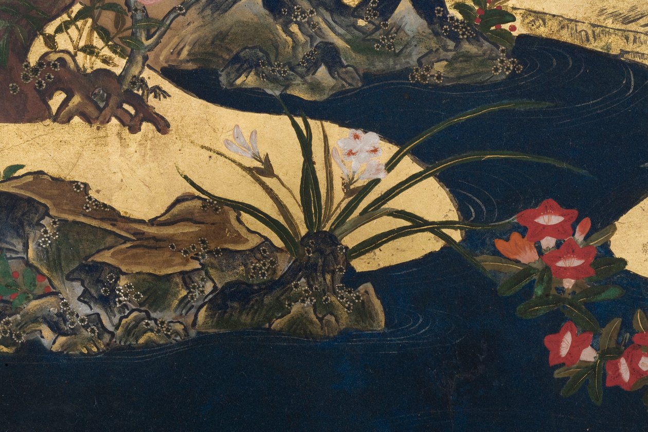 تفاصيل الربيع في القصر ، شاشة سداسية من حكاية جينجي ، c.1650 (حبر ، ألوان وذهب على ورق) بواسطة المدرسة اليابانية