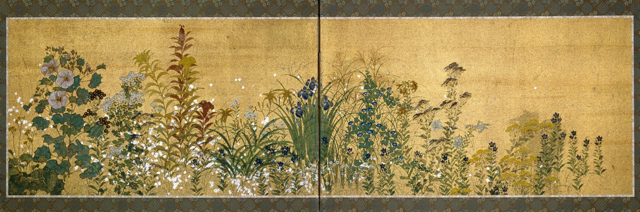 Japanese art: screen panels decorated with flowers. Style of the school of Rimpa (1596-1615). Painting on silk. Dim. 65x189 cm Private collection بواسطة المدرسة اليابانية