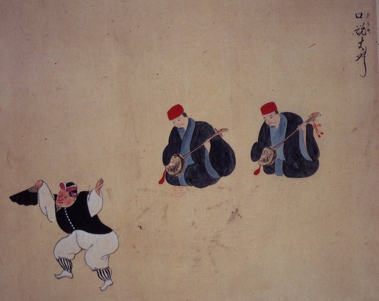 أو 961 صفحة 9 راقص وموسيقي ، من "Musical Performances of Ryukyu (vellum)" بواسطة المدرسة اليابانية