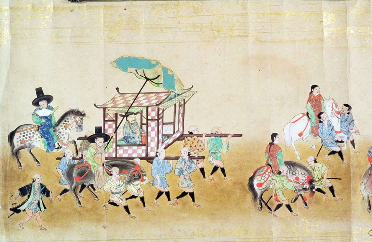 جزء من السفارة الكورية السادسة في اليابان في وقت خلافة توكوغاوا إيتسوناس في عام 1651 ، ربما بواسطة كانو ماسونوبو (1625-1694) 1655-57 (لوحة التمرير) بواسطة المدرسة اليابانية