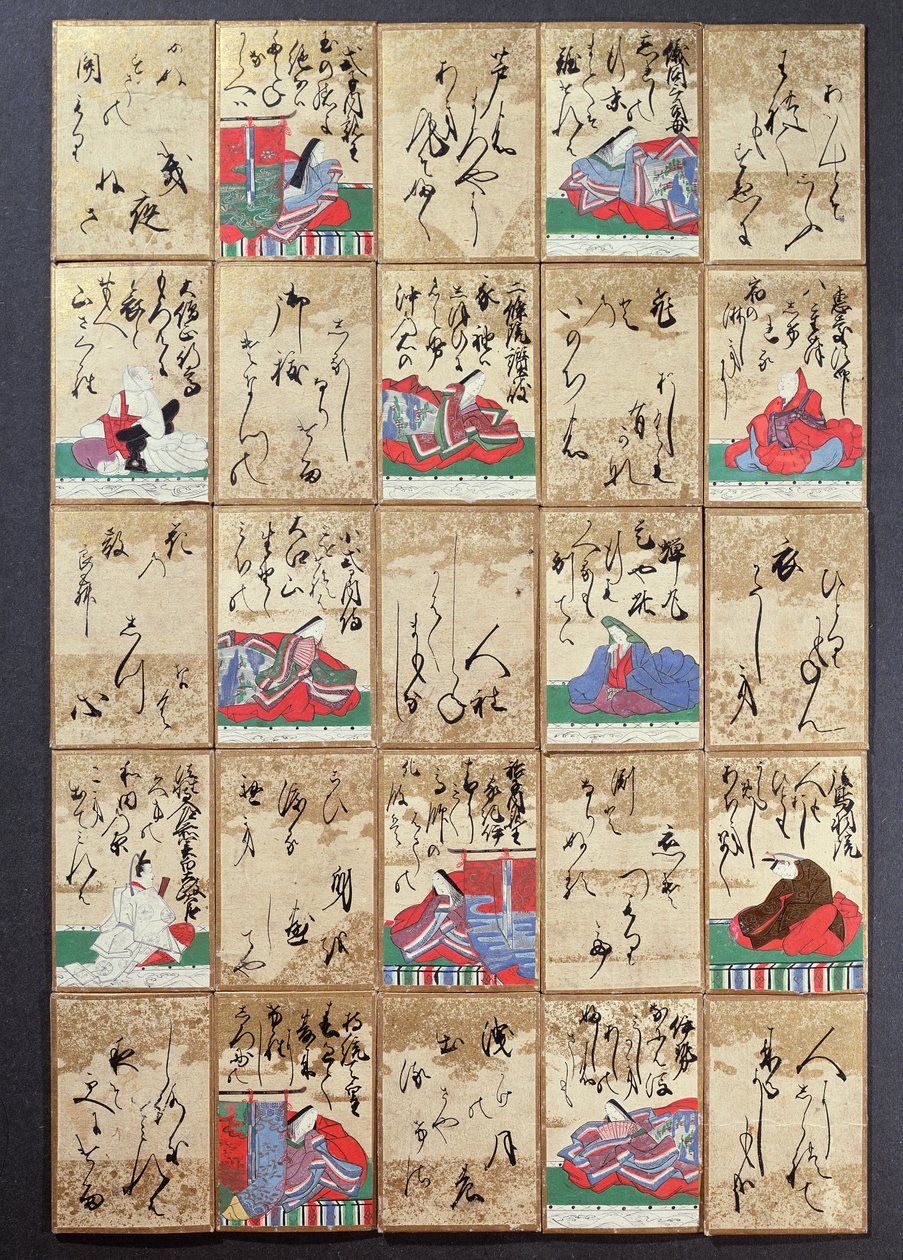 أوراق اللعب مع 100 شعراء وقصيدة بيعت في معرض الكون في باريس عام 1867 (قلم وحبر على ورق) بواسطة المدرسة اليابانية