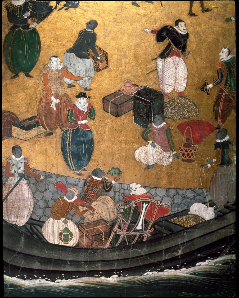 شاشة "برتغالية" تمثل وصول المبشرين اليسوعيين البرتغاليين إلى اليابان في القرن السادس عشر - 1590 - 1614 - التفاصيل التي تمثل نباح المواد الغذائية - مدرسة نامبان بواسطة المدرسة اليابانية