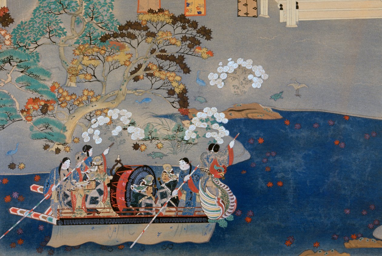 زورق تجديف ، رسم توضيحي لـ Eiga Monogatari (قصة العظمة) ، بواسطة Akazome Emon (حوالي 956-1041). اليابان بواسطة المدرسة اليابانية
