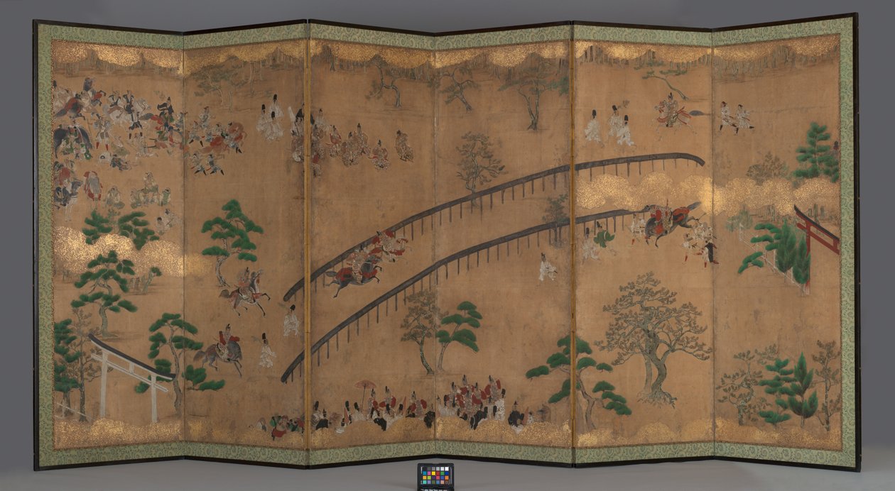 Six-panel Screen: Horse Racing at Kamo Shrine, early 18th century (Ink, gold pigment, color, and gold leaf on paper) بواسطة المدرسة اليابانية