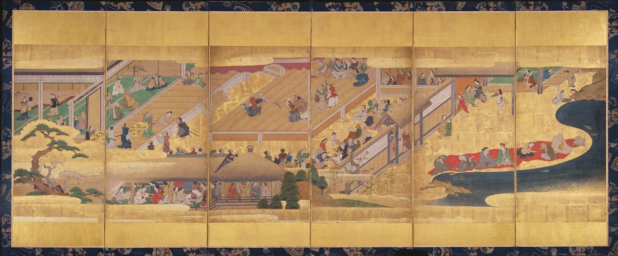 شاشة بستة أضعاف مع Noh Play Funa-Benkei ، حوالي 1660 (ملون وحبر وذهبي على ورق) بواسطة المدرسة اليابانية