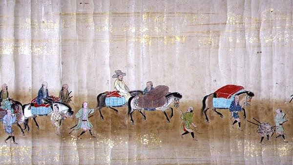 السفارة الكورية السادسة في اليابان في ميريكي 1 في وقت خلافة توكوغاوا ليتسونا في عام 1651 ، ربما بواسطة كانو ماسونوبو (1625-1694) (لوحة التمرير) (التفاصيل) بواسطة المدرسة اليابانية