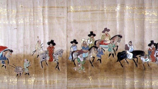 السفارة الكورية السادسة في اليابان في Meireki 1 في وقت خلافة Tokugawa Ietsuna في 1651 ، ربما بواسطة Kano Masunobu (1625-1694) (لوحة التمرير) (التفاصيل) بواسطة المدرسة اليابانية