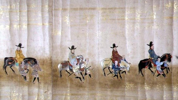 السفارة الكورية السادسة في اليابان في ميريكي 1 في وقت خلافة توكوغاوا ليتسونا في عام 1651 ، ربما بواسطة كانو ماسونوبو (1625-1694) (لوحة التمرير) (التفاصيل) بواسطة المدرسة اليابانية