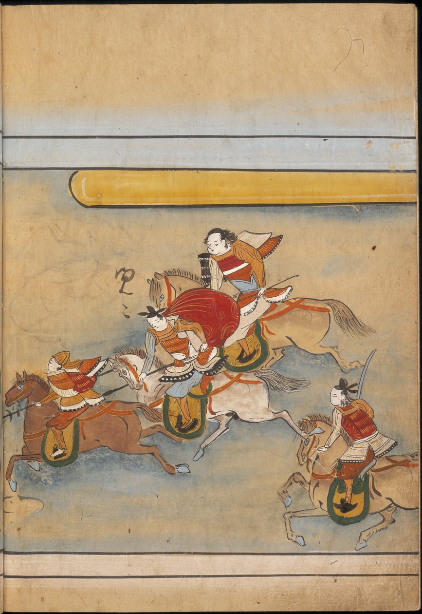 جنود على ظهور الخيل ، رسم توضيحي من "تايشوكان" (حبر ولون على ورق) بواسطة المدرسة اليابانية