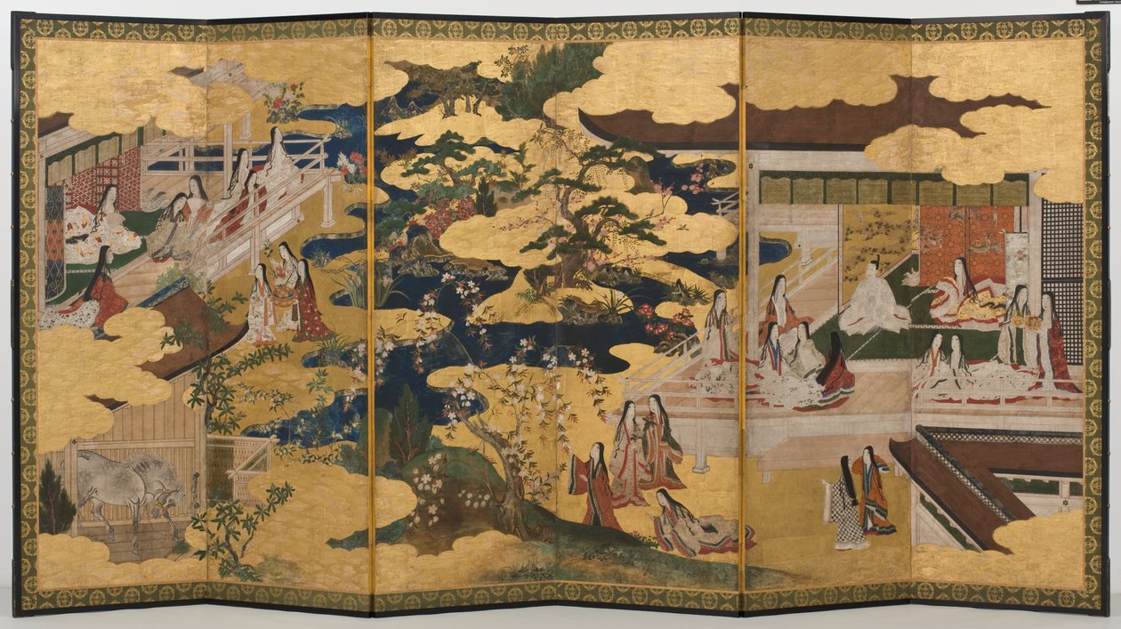 الربيع في القصر ، شاشة سداسية من حكاية جينجي ، c.1650 (حبر ، ألوان وذهب على ورق) بواسطة المدرسة اليابانية