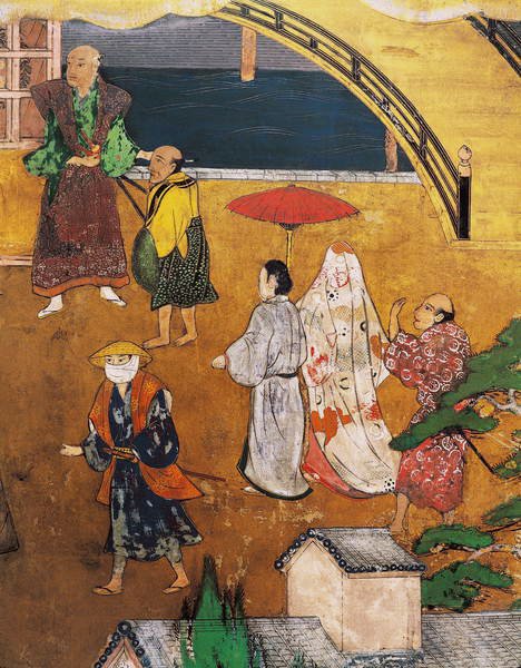 وصول البرتغاليين إلى اليابان ، تفاصيل مشهد الشارع ، من شاشة Namban Byobu ، 1594-1618 بواسطة المدرسة اليابانية