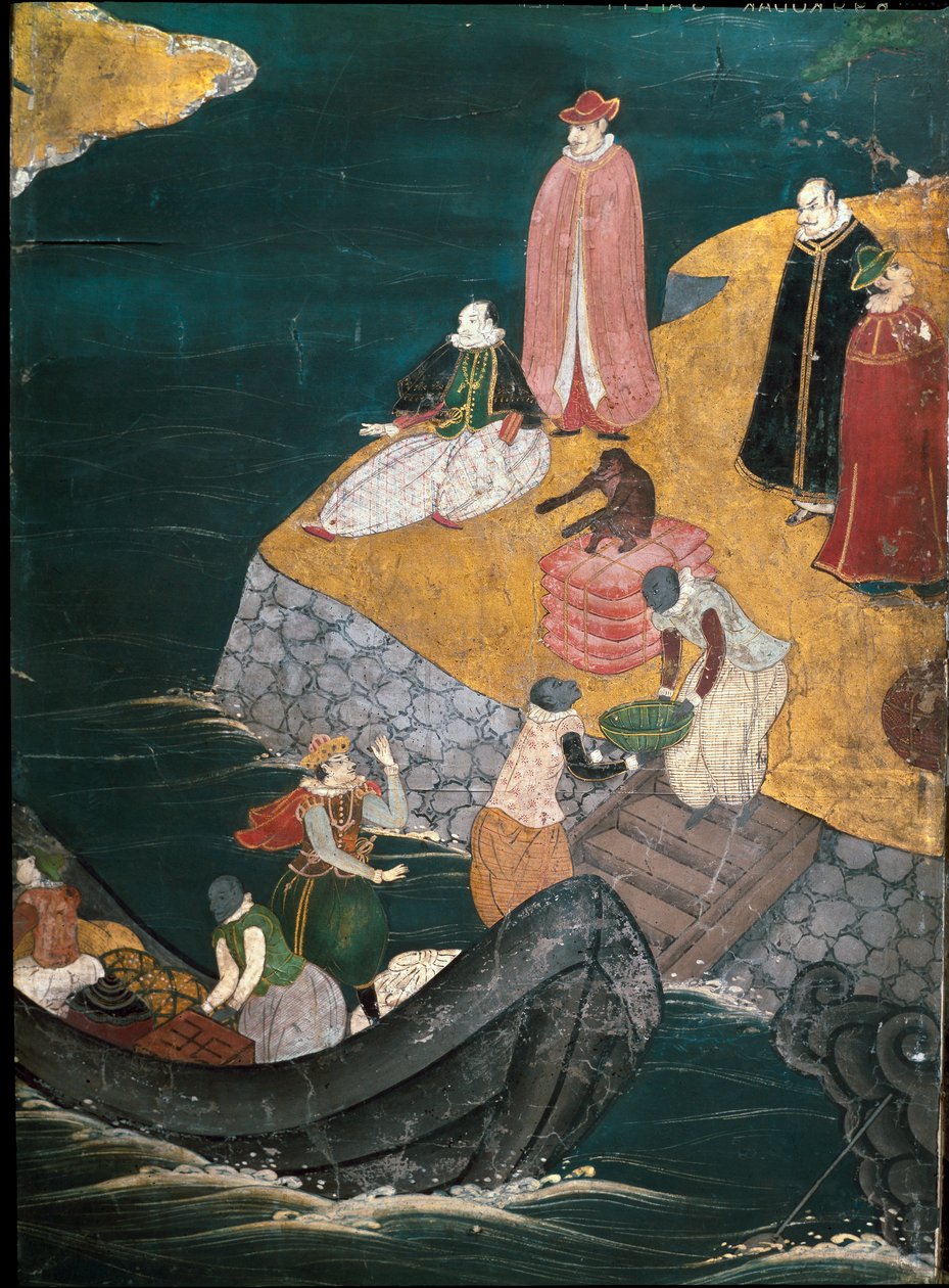 نباح المواد الغذائية ، تفاصيل وصول المبشرين البرتغاليين اليسوعيين إلى اليابان (رسم بواسطة المدرسة اليابانية