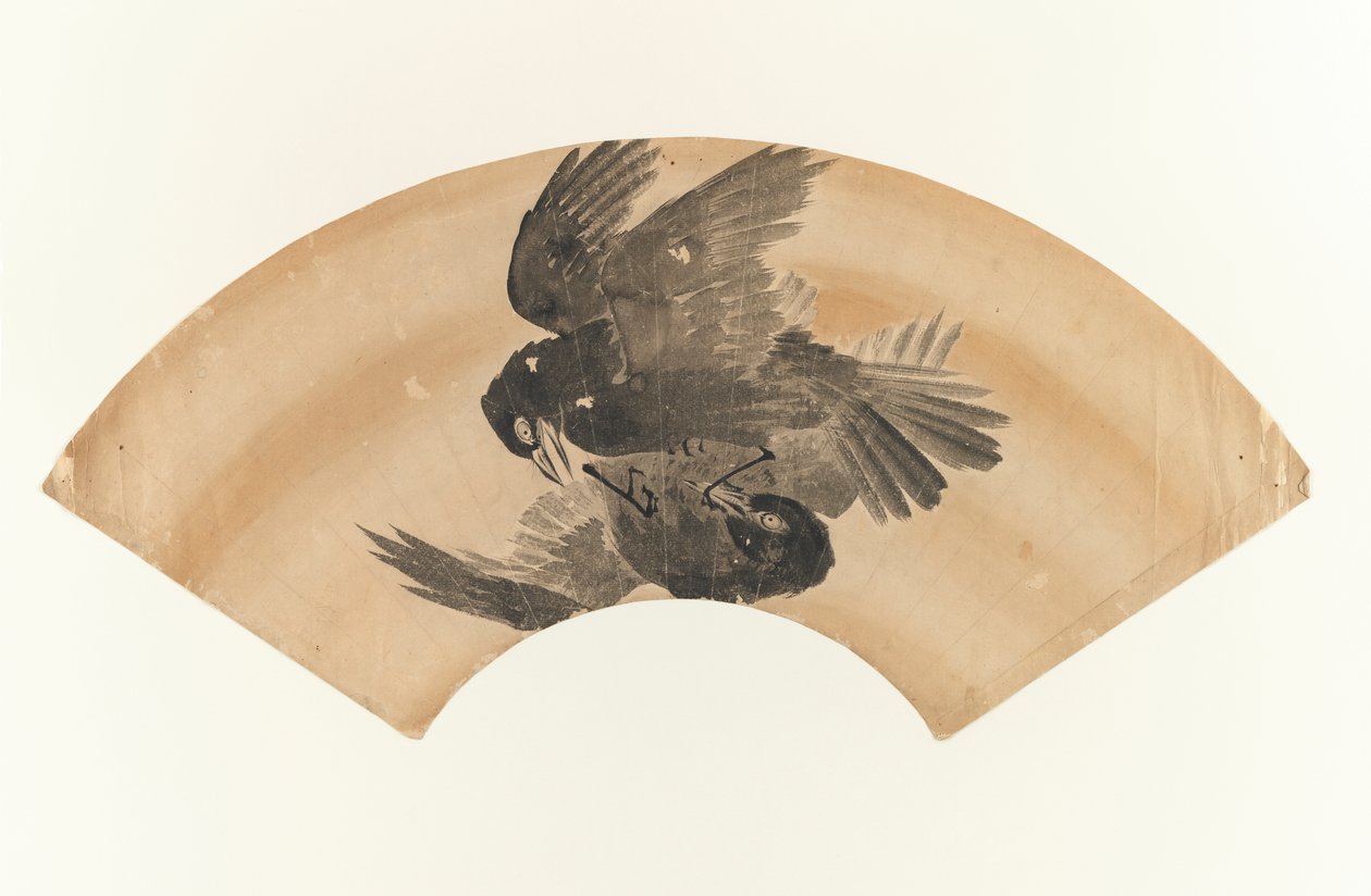 بدون عنوان - رسم على شكل مروحة لعصفورين ، 1603-1868 (حبر على ورق) بواسطة المدرسة اليابانية