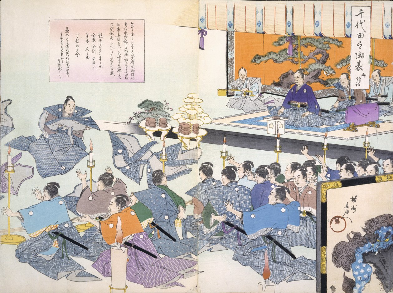 Warlord يشاهد الساموراي يستقبل أرديةه ، (ربما الحفل خارج الحفل) من ألبوم القرن التاسع عشر من Woodcuts ، Color Wood Block Print بواسطة المدرسة اليابانية
