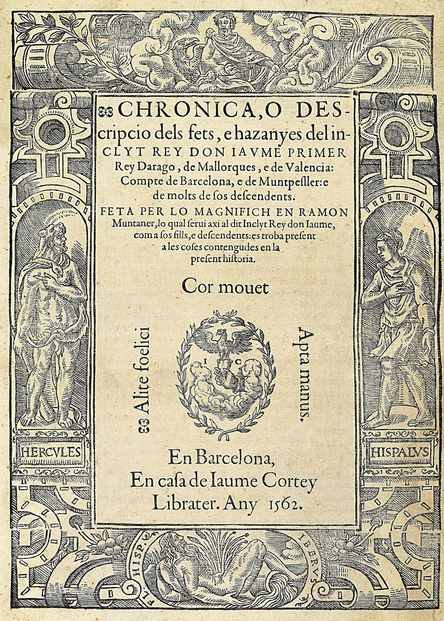 رامون مونتانر (1265-1336) ، عسكري كاتالوني وكاتب عمود. غلاف كتاب Chronica، o descripcio dels fets، e hazanyes del inclit rey Don Jaume Primer ، من إصدار صنع في برشلونة في منزل الطابعة Jaume Cortey. نقش ، إسبانيا ، برشلونة ، يو بواسطة جيمس كورتي