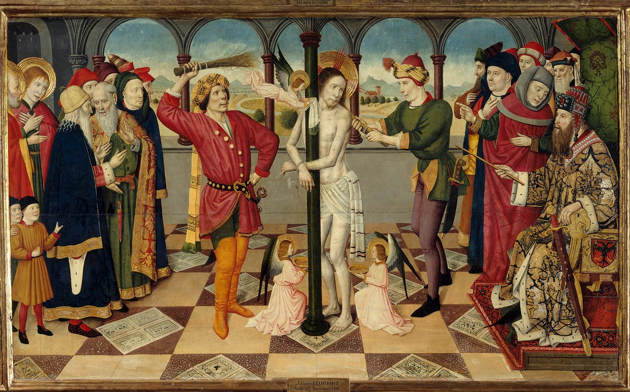 جلد المسيح أمام بيلاطس البنطي. Detrempe على الخشب بواسطة Jaume (= Jaime) Huguet the Elder (1415-1492). خافت. 0،92 × 1،56 م. بواسطة جاومي هوجيت