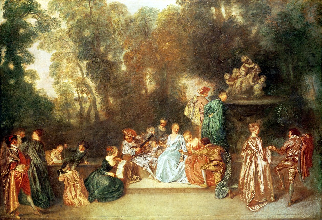 Fete galante مع عازف الجيتار ونحت من putti اللعب بكبش ، c.1717-19 بواسطة جان أنطوان واتو