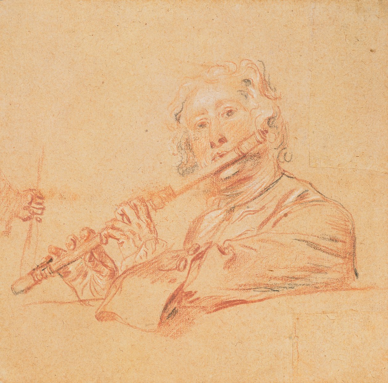 رجل يلعب على الناي ، c.1710 (`aux aux crayons &39;على ورق برتقالي) بواسطة جان أنطوان واتو