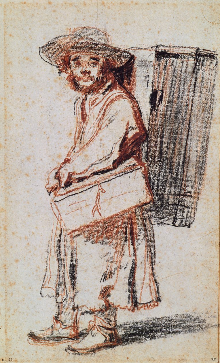 دراسة ل Pedlar من Auvergne (فحم وطباشير أحمر على ورق) بواسطة جان أنطوان واتو