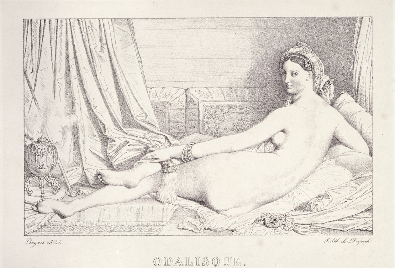 L&39;Odalisque Couchee ، 1825 (litho und carbon ink on paper) بواسطة جان أوغست دومينيك إنجرس
