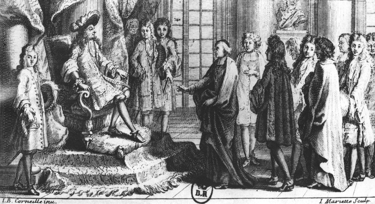 أعضاء الأكاديمية الفرنسية يقدمون القاموس إلى لويس الرابع عشر (1638-1715) في 1694 ، منقوش بواسطة جان مارييت (1660-1742) بواسطة جان بابتيست كورنيلي