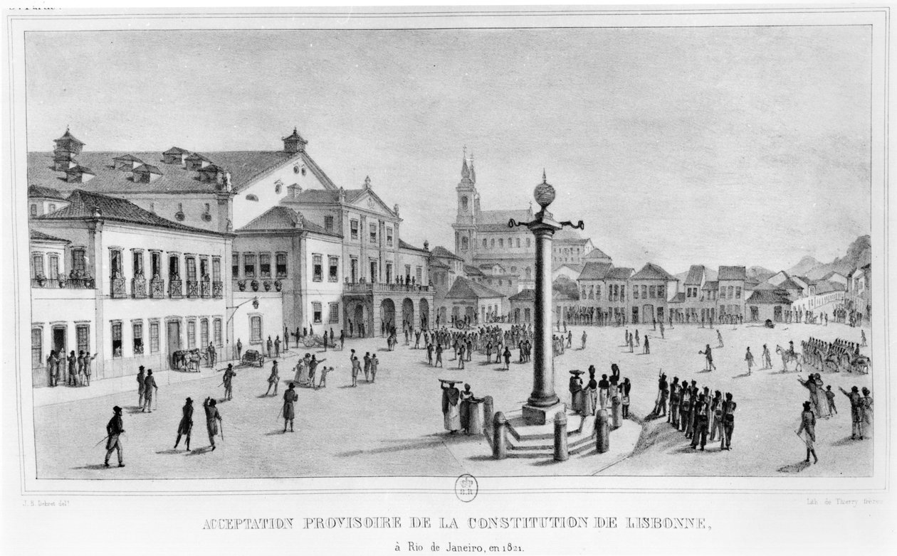 قبول مؤقت لدستور لشبونة ، ريو دي جانيرو ، 1821 ، رسم توضيحي من "الرحلة الخلابة والتاريخية إلى البرازيل" ، باريس ، 1835 بواسطة جان بابتيست ديبرت