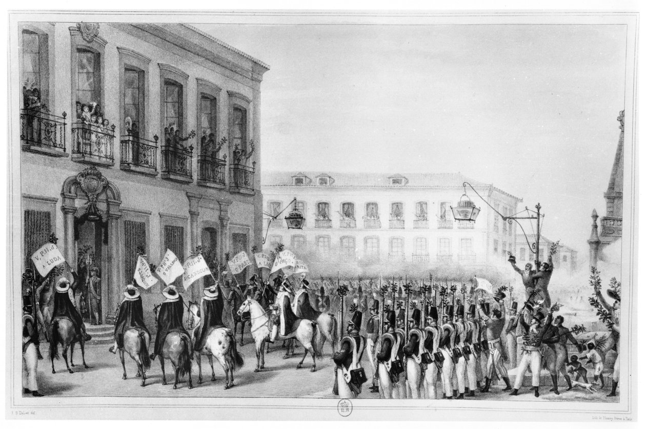تكريم بيدرو الأول (1798-1834) إمبراطور البرازيل ، ريو دي جانيرو ، 7 أبريل 1831 ، رسم توضيحي من "فوييج بيتوريسك et Historique au Bresil" ، باريس ، 1835 بواسطة جان بابتيست ديبرت