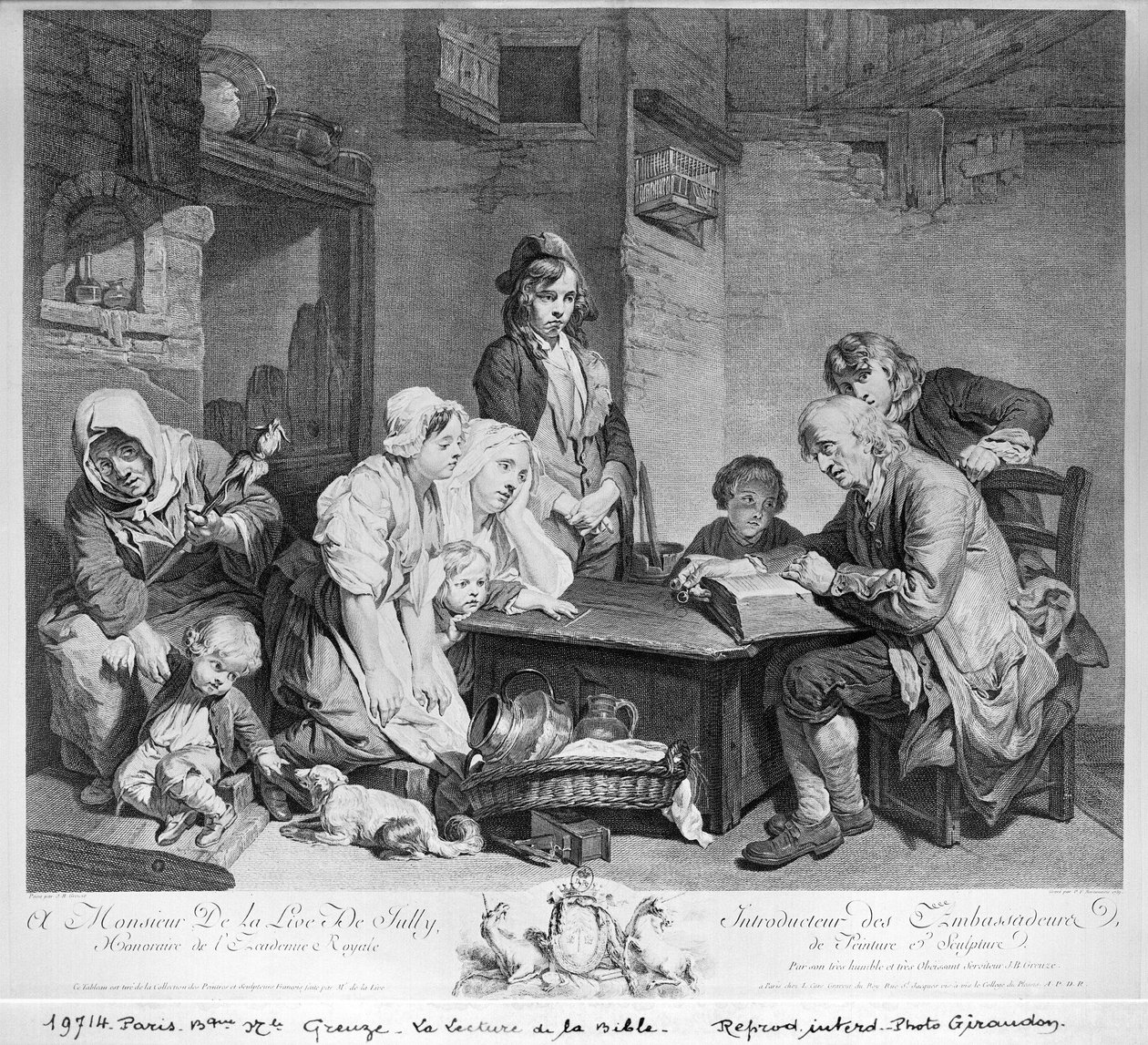 قراءة الكتاب المقدس ، نقشها بيتر فرانسيسكوس مارتينيزي أو مارتيناسي (1729-89) 1759 بواسطة جان بابتيست غريوز