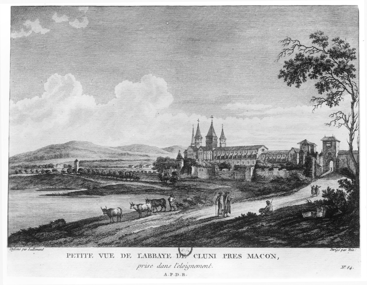 منظر لدير كلوني ، من "Voyage Pittoresque de la France" محفور تحت إشراف فرانسوا دينيس ني (1732-1817) تم نشره عام 1787 بواسطة جان بابتيست لالماند