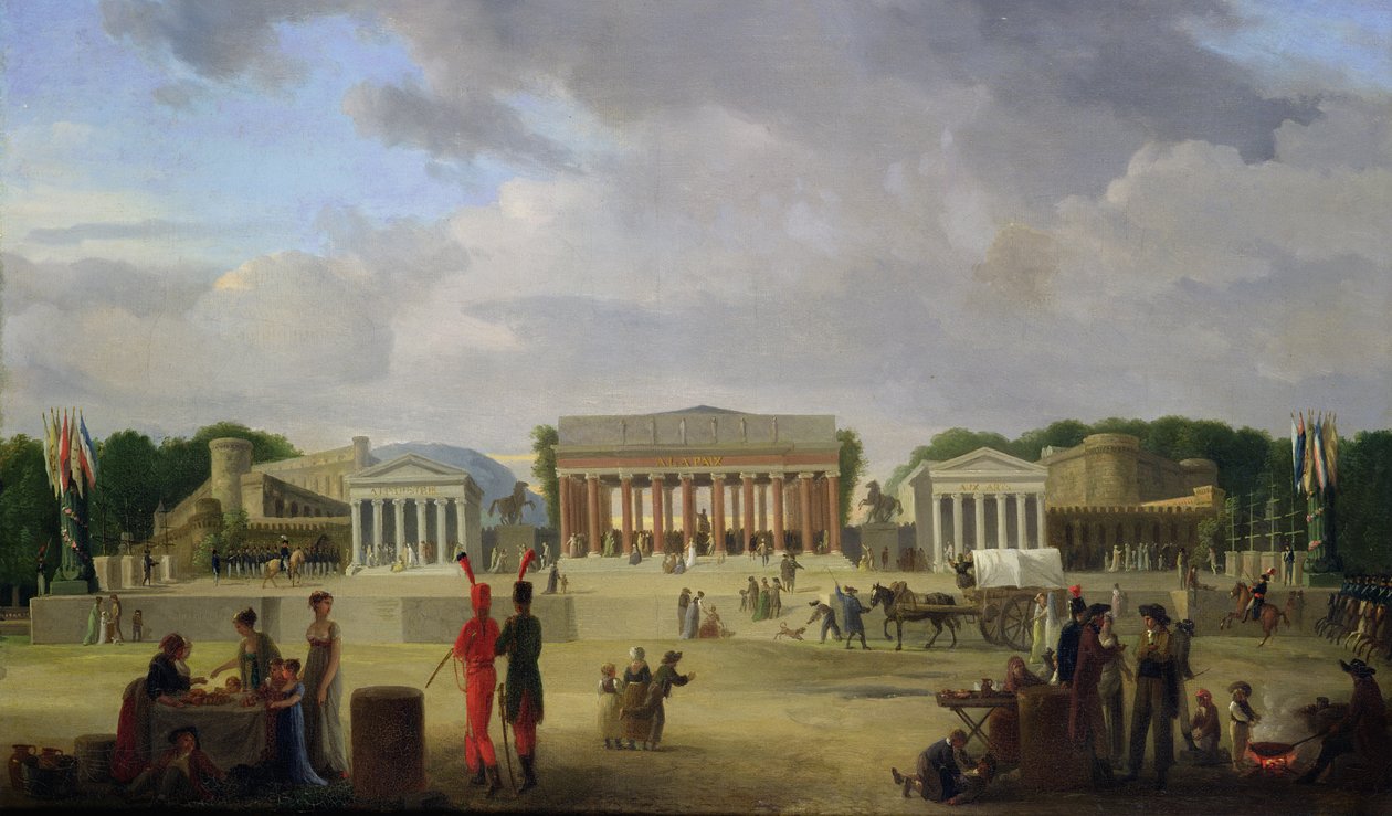 منظر للمسرح الكبير الذي تم بناؤه في ساحة الكونكورد ل Fete de la Paix ، 9 نوفمبر 1801 بواسطة جان بابتيست لويس كازين