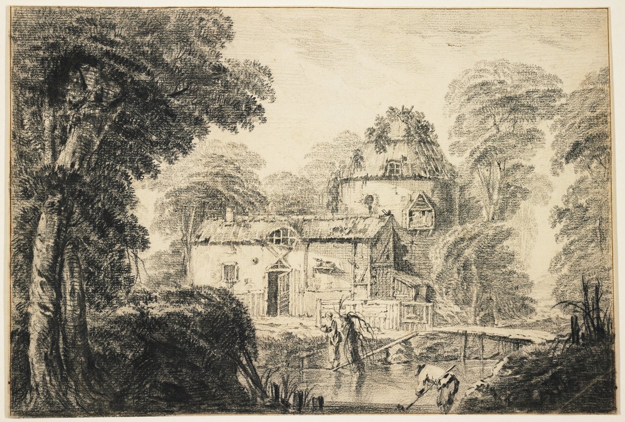 مناظر طبيعية مع كوخ وفلاحين ، c.1770 (طباشير أسود على ورق قشدي) بواسطة جان بابتيست بيلمينت