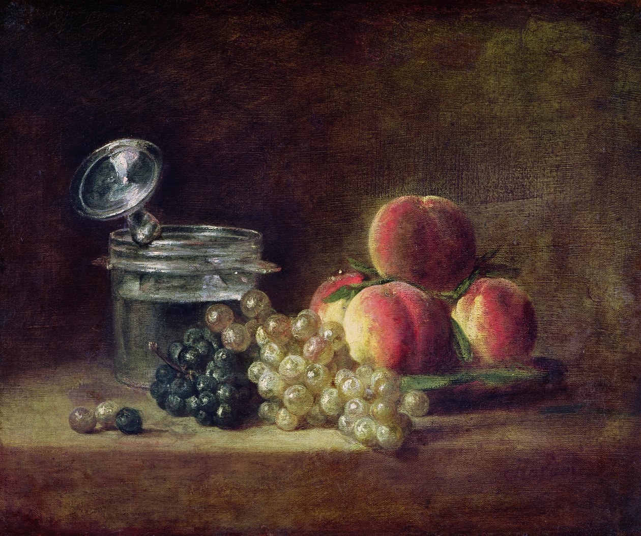 الحياة الساكنة مع سلة من الخوخ والعنب الأبيض والأسود مع برودة و Wineglass ، c.1759 بواسطة جان بابتيست سيميون شاردان