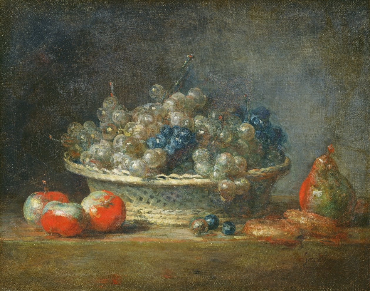 الحياة الساكنة: سلة العنب مع ثلاثة تفاح ، كمثرى واثنين من المرزبانيين ، 1764 بواسطة جان بابتيست سيميون شاردان