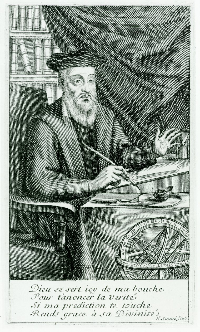 ميشيل دي نوستريدام (نوستراداموس) (1503-66) يكتب نبوءاته ، محفورة بواسطة جان سوف (fl.1660-91) بواسطة جان بولانجر