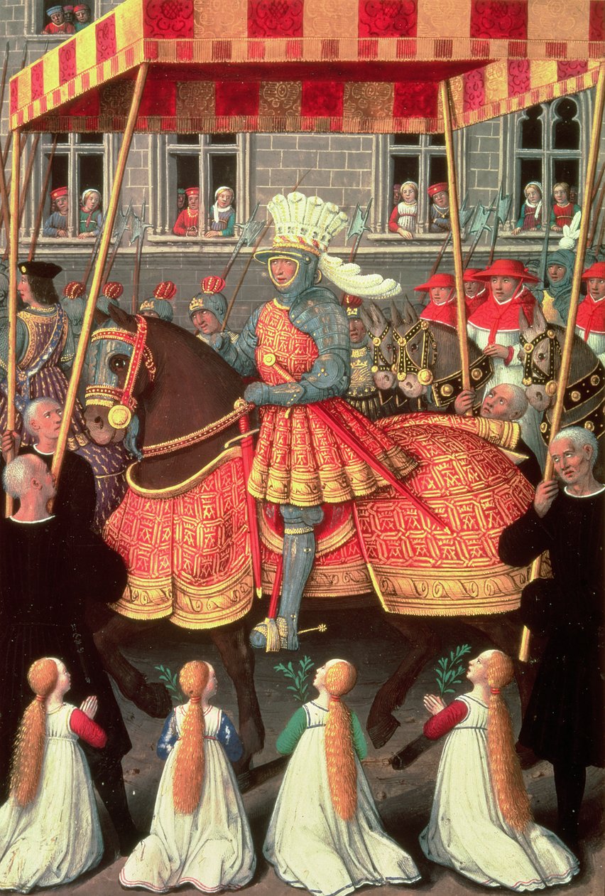 لويس الثاني عشر (1462-1515) يدخل جنوة تحت مظلة ، يتبعه أربعة كرادلة ، من "ساعات آن بريتاني" ، 1515-20 بواسطة جان بورديشون