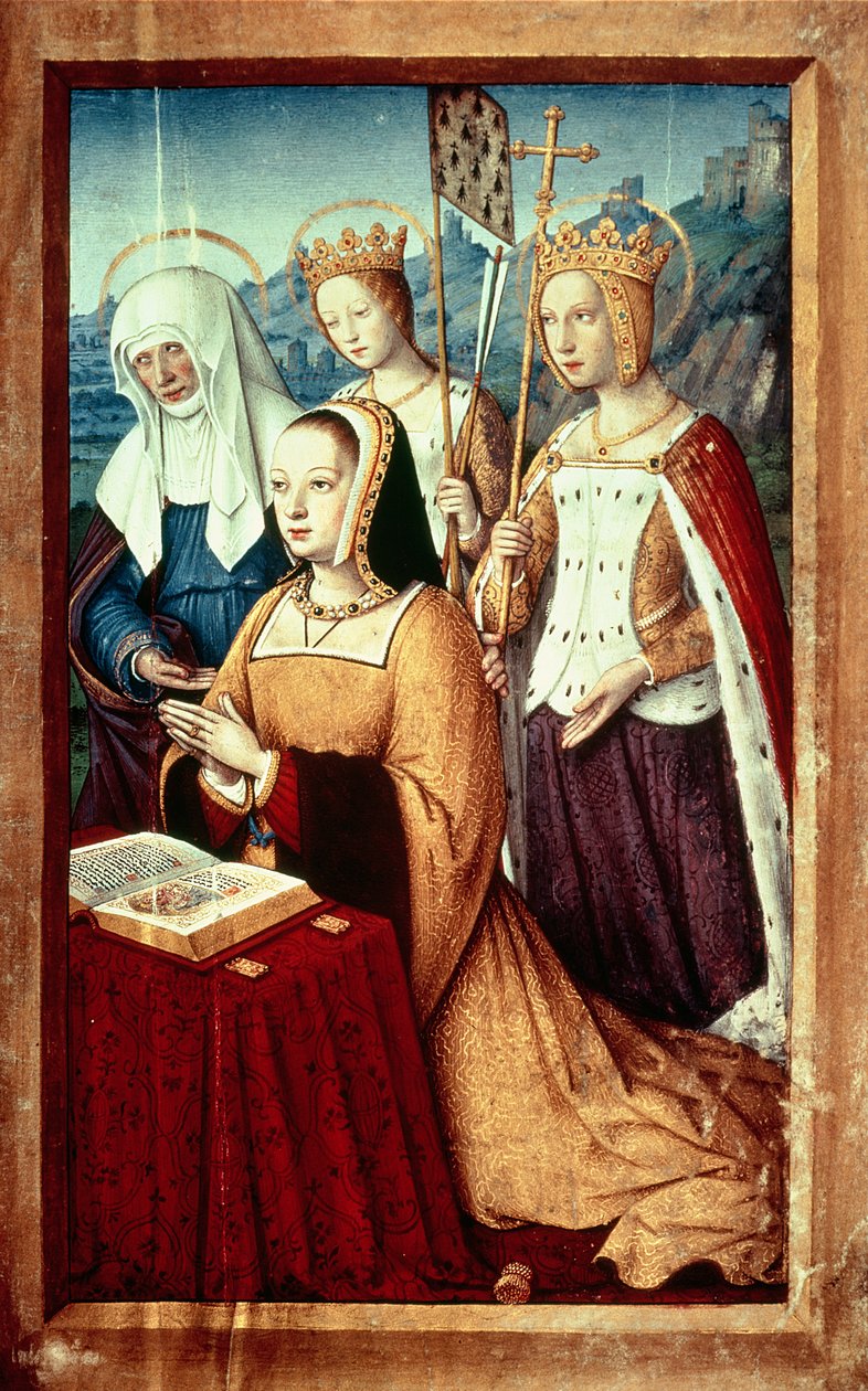 السيدة lat 9474 f.3v Anne of Brittany with St. Anne، St. Ursula and St. Helen، miniature from the Grandes Heures of Anne of Brittany، c.1503-8 بواسطة جان بورديشون