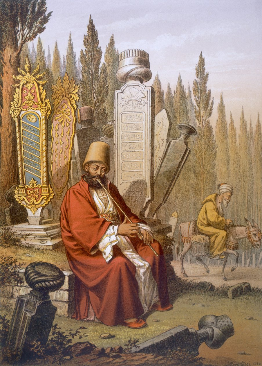الصوفية ، التي تلعب دور الناي ، تجلس في مقبرة تركية بين ألواح المقابر المنقوشة ، صورة من &39;Souvenirs de Constantinople&39; ، الحانة. باريس ، ج .1855 بواسطة جان برينديزي