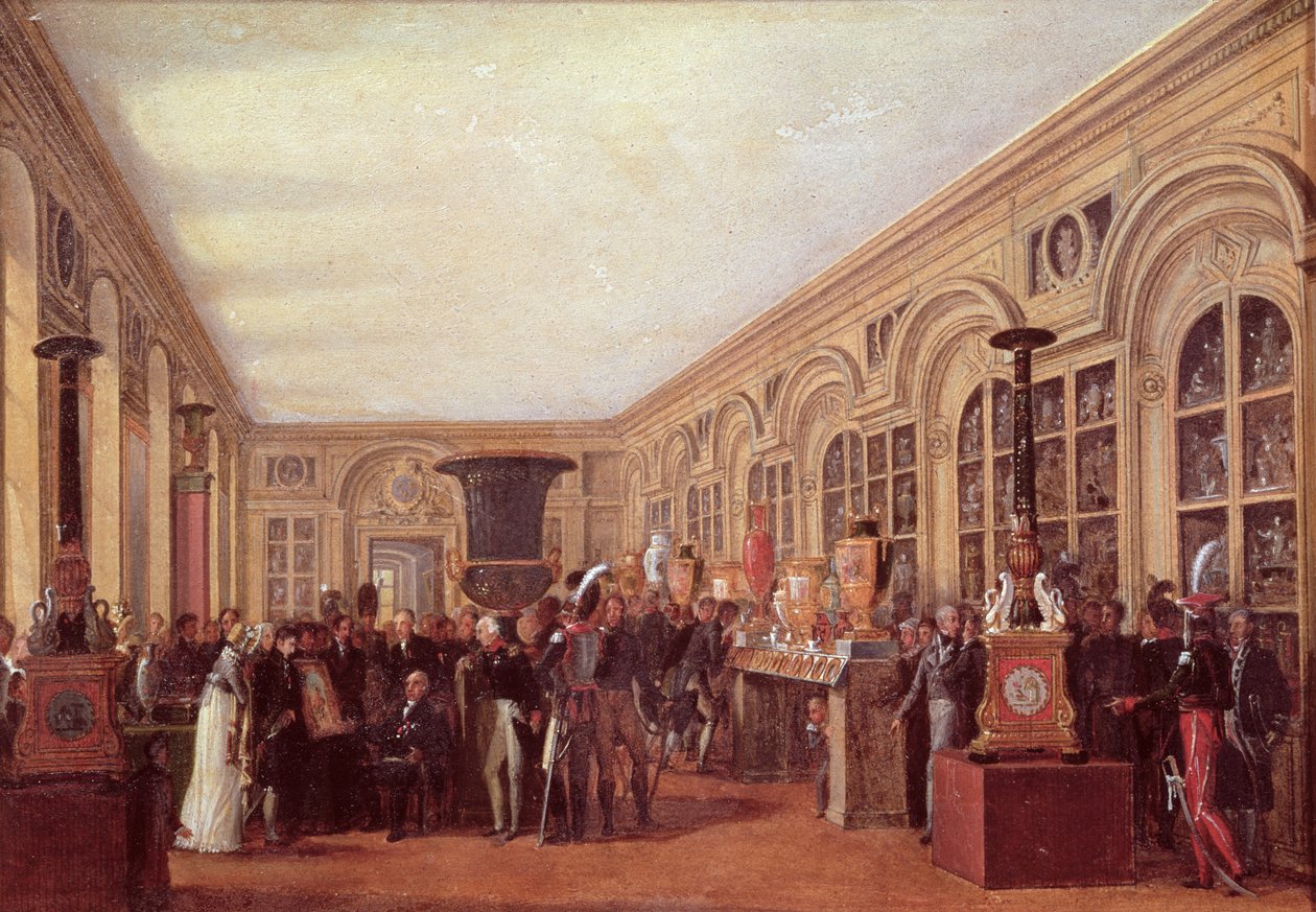 ألكسندر برونجنيارت (1770-1847) تقديم الفنانين في ورشة عمل Sevres إلى لويس الثامن عشر (1755-1824) (زيت على ورق) بواسطة جان تشارلز Develly