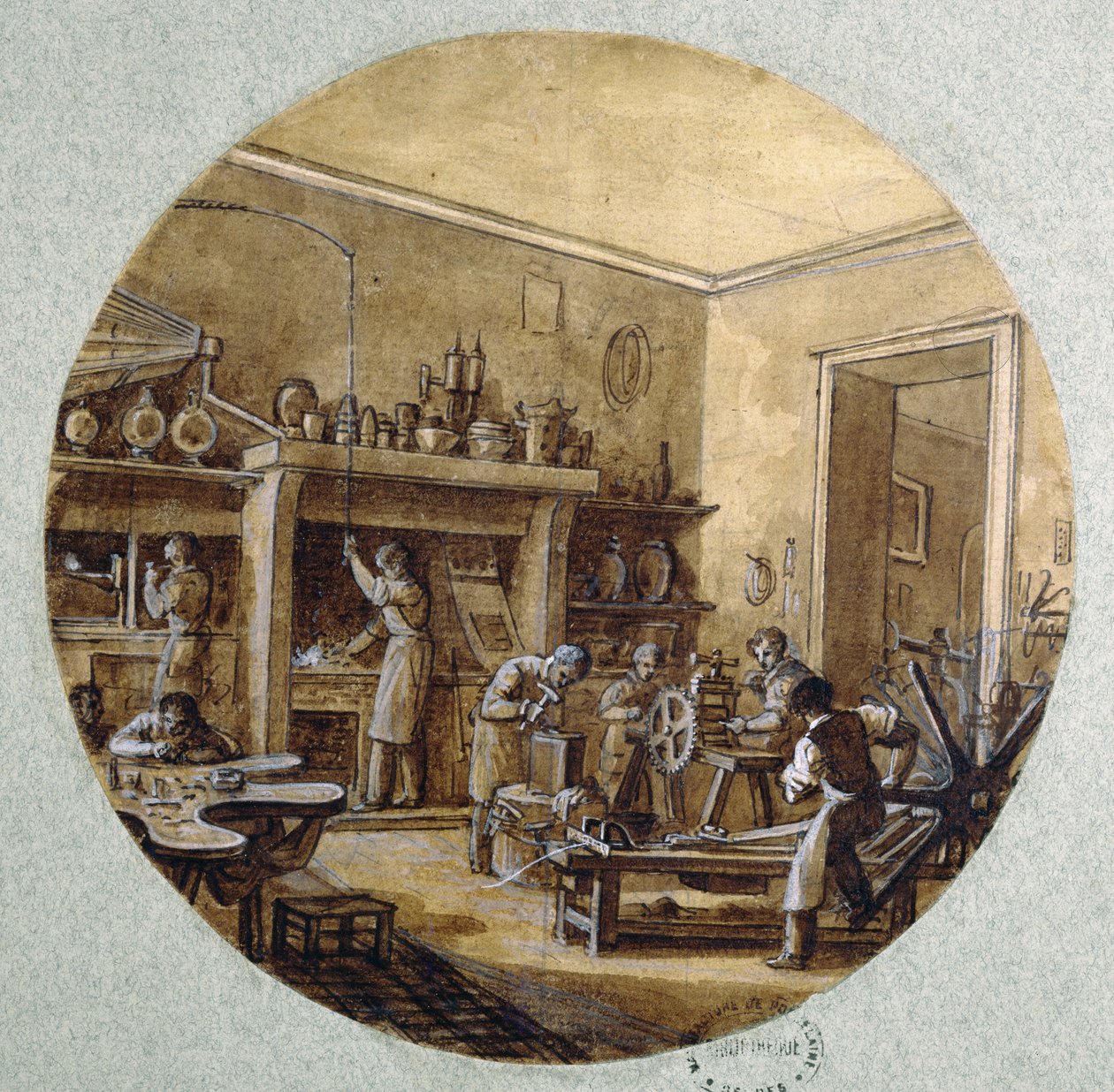 ورشة المجوهرات ، تصميم لوحة لخدمة تصور الحرف المختلفة ، c.1820-35 (قلم وحبر وغسل وغواش على ورق) بواسطة جان تشارلز Develly
