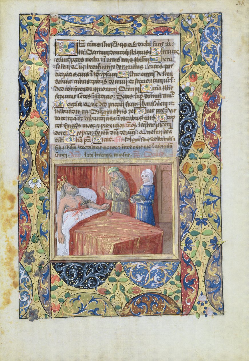 السيدة لات. QvI126 f.38 الملك بسكين غارق في قلبه ، من "كتاب ساعات لويس دورليانز" ، ١٤٩٠ بواسطة جان كولوم