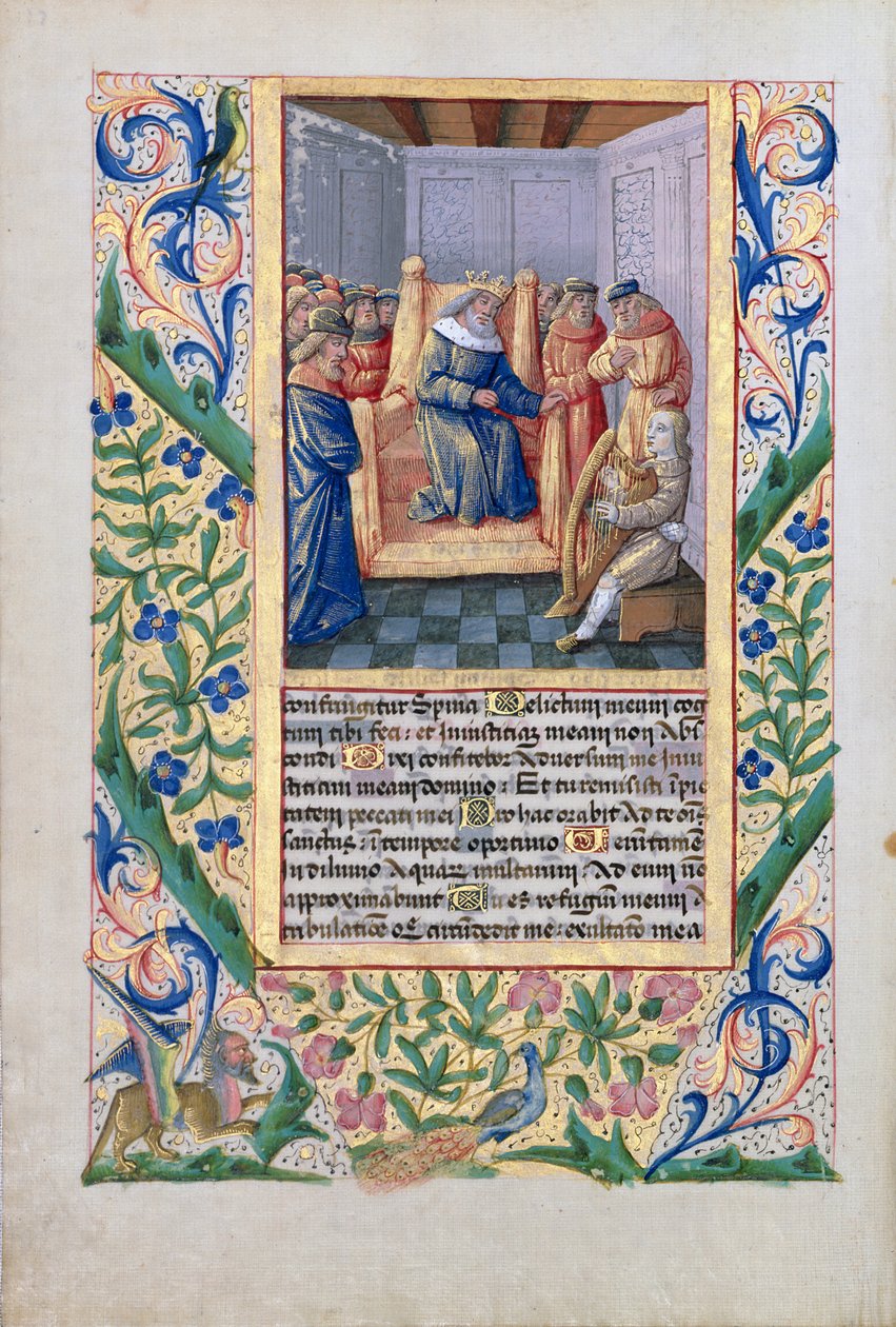 السيدة لات. QvI126 f.54v شاول يستمع إلى ديفيد وهو يعزف على القيثارة ، من "كتاب ساعات لويس دورليانز" ، ١٤٦٩ بواسطة جان كولوم