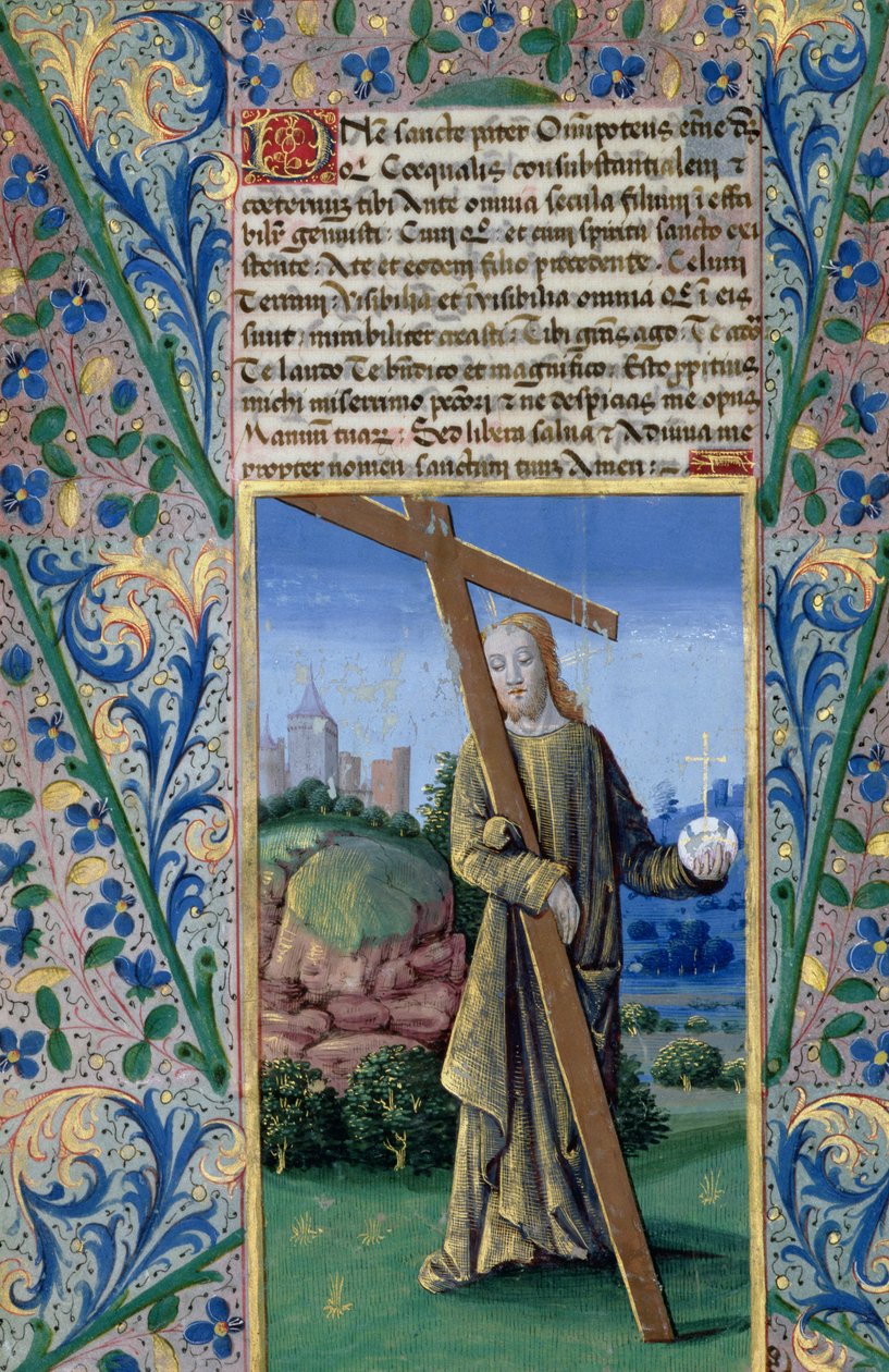 السيدة لات. QvI126 f.89v المسيح بالصليب والجرم السماوي ، من "كتاب ساعات لويس دورليانز" ، ١٤٦٩ بواسطة جان كولوم